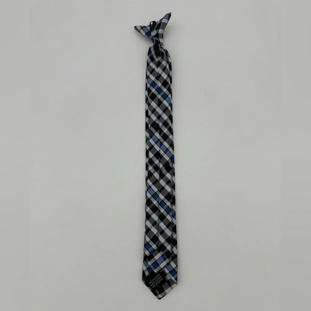 Boys Clip on skinny neck Tie plaid checkered blue black white dressy formal